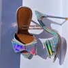 Dress Shoes Sexy Rainbow Holographic Iridescent Bow Mules Pointed Toe Slip On Thin Heels Summer Slippers Shinny Leather