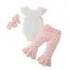 Kledingsets Babymeisjeskleding Pakken Solid Color Lace Ruffles Boat Neck Mouwloze Romper Floral Print Flare Pants Hoofdband 3 % Set