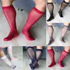 Herrensocken sexy Herren mit breiter gestreiften Zehsform formelles Kleid seidige Knie hohe dünne durchdringende atmungsaktive Sockenstrümpfe