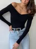 Women's T Shirts Vintage Bodycon Long Sleeve Top 2024 Spring Pullover Crop With Open Shoulders Sexy Tight Black T-shirt Female