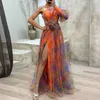 Casual Dresses Formal Evening Dress Large Flower Embellished Elegant One Shoulder Tie-dye Ball Gown With Mesh Bubble Sleeves Rose