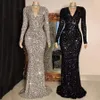 Anpassad storlek Kvinnor Gray V Neck Long Sleeve Sequin Dress Elegant Evening Dress Party Maxi Dress Ladies Slå klänningar 240320