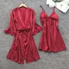 Home Clothing Lace Trim Nightgown Elegant Patchwork Women's Pajama Set With Bow Decor Silky Loose Lace-up Tight Waist 2 Piece