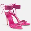 Dress Shoes Fuchsia Suede Crystal Embellished Ankle Wrap High Heel Sandals Peep Toe Thin Heels Tie Up Women Banquet Bride