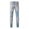 Heren jeans mannen kristal stretch denim streetwear patches lapwerk magere taps toelopende broek geschilderde gaten scheurde noodlijdende broek