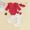 Kledingsets geboren baby meisje herfst winterkleding ruches ruches lange mouw romper hart flare broek hoofdband set mijn 1e valentijn