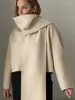 Giacche da donna Beige Wool Donne Autunno Autunno inverno manica corta con sciarpa Elegante Fashi