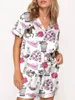 Ropa para el hogar Women Pajamas Set de 2 piezas Trajes de salón Bowknot Impresión de béisbol Botón de manga corta Tops y pantalones cortos sueltos Sleepwear