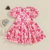 Focusnorm 16y Valentines Days Kids Girls Sweet Dress Short Sleeve Heart Print Ruffles Aline For Casual Daily 240326