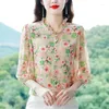Camisetas femininas coreanas 3/4 mangas ladras imprimindo tops em vulícolas de chiffon de chiffon de decote em vinicia de chiffon botões de roupas elegantes