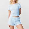 Hemkläder xingqing y2k pyjama Set Women Fairycore Round Neck Short Sleeve Crop Top och High midjeshorts Tvådelar loungekläder