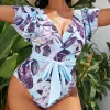 Draag Palm Ruffle zoom Mouwen Wikkel V Nek Plus Maat Size één stuk zwempak voor dames duw omhoog groot formaat buikbesturing Swimwear Monokini