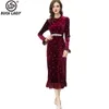 Casual Dresses Women's Runway O Neck Long Sleeves Ruffles Beaded Elegant Fashion Velvet Mid Vestidos