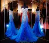 2019 Luxury Blue Mermaid Prom Pageant Dress com Sweetheart Sareseless Sweep Swekling Crystal Beading Tulle Evening formal 5959082