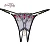 Pearl Pendant Open Thongs Women Underwear Crotchless Embroidery G String Tanga Briefs Lace Transparent Sexy Lingerie 240320