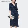 Party Dresses Fashion Women Summer Striped Chiffon Dress Mid-Length V-Neck Ruffles Office Ladies Wrapped Plus Size Vintage Elegant