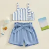 Kledingsets baby peuter babymeisjes 2 -delige set vierkante nek gestreepte cami tops elastische taille shorts met riem zomeroutfits