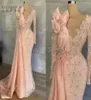 Peach Pink Long Sleeve Evening Formal Dresses Sparkly spetspärled Illusion Mermaid Aso Ebi African Evening Clowns BC108855861376