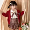 Clothing Sets 2024 Spring Baby Girl 4PCS Clothes Set Cotton White Shirt Pleated Skirts Knitted Cardigan Bow Tie Suit Toddler Outfits