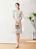 Vestidos de festa Vimly estilo chinês Impressão floral verão Cheongsam Mulheres 2024 Vintage Manga curta elegante Chiffon Qipao Roupas