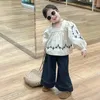 Jackor Girls Korean skjorta 2024 Spring Sweet Square Necked Doll Top Loose Jeans Kids Jacket Coat
