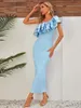 Casual Dresses High Quality Women's Sky Blue Bandage Long Dress Sexy One Shoulder Sleeveless Fashion Ruffle Edge Elegant Birthday Party