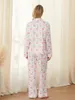 Vêtements à la maison Femmes 2 pièces Pyjama Set Cherry Print Button Shirt and Elastic Pantals For Loungewear Soft Sleepwear Nightwear