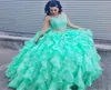 Mint Green Ball -klänning Twopiece Quinceanera klänningar Organza ruffles Prom Formella klänningar pärlade spets juvel quinceanera klänningar3464555