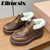 Boots 2024 Winter Fashion Real Leather Thick Sole Fur Women Old-Made Retro Loafer Shoes Lace Up Wool Snow