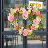 Decorative Flowers Rattan Material Garland Valentine's Day Heart Wreath With Simulation Rose Flower For Wedding Decor Wall Happy