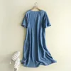 Partykleider Sommerstickerei Denim Kleid Frauen O Hals kurze Ärmel Blumenblau Jeans Cheongsam Baumwoll Vestidos Mujer