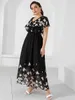 Plus Size Casual Womens Dresses 2023 Summer Ruffles V Neck Short Sleeve Floral Maxi Long Dress Black Chiffon Boho Beach 240325