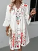 Abiti casual Summer's Summer V-Neck Splice Splice Versatile Stampato Etnico Stampato Etnico 3/4 MIDI MIDI Robe Sexy Femme Vestido