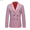 Costumes pour hommes à plaid à rayures à rayures rouges veste de robe à col double en V moteur de coude en V slim fit blazer tops m-5xl 6xl