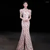 Runway Dresses Senior Lace Cheongsam Prom Dress High Neck Puff Sleeves Vintage Lång rygglös Bow Formal Party Celebrity Evening Gowns