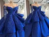 Royal Blue Satin Quinceanera Princess Dresses Long Sleeve Brodery Pärled Layered Ball Gown Sweep Train Evening Party Gowns6212950