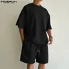 Incerun Men define a cor sólida solta oneck manga curta camiseta shorts de cordão 2pcs streetwear 2024 mass fatos casuais s5xl 240403