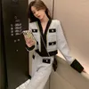 Damen zweisteuelhafte Hosen gegen Nacken -Tweedjacke Frauen Top Koreanisch Weitbein Plaid Vintage Striped Coat Y2K Sets Damen Outifits