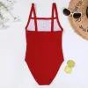 Set 714 jaar Solid Red Girl Swimsuit One Piece Kids Vintage Teenage Girls Bathing Suit Button Kinder badmode strandkleding 2021