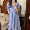 Robes de fête Summer Summer Vintage Long Prid Princess Robe Ruffle Squle Square Coll High Wair A-Line Midi Sundress French Style