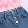 Girls Summer Clothing Outfit Sets Fashion Kid Children Pink Mouweless Feather Camisole denim broek met zakken 240326