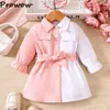 Prowow 3-24M Baby Girls Dresses Long Sleeve Fall Pink White Patchwork Belted Dress For Girl born Baby Clothes 240323