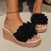 Chaussures habillées Bas Flow Rubber Flip Flops on a coin Slippers Femme Femme Summer Talèled Mules Platform Flock Tlides Pantofle Fashion Hawaiian