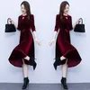 Casual Dresses Elegant Autumn Winter Velvet Dress Women 2024 Korean Fashion Round Neck Midjeband Långärm Slim Midi med fickor Z4062