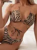 Kvinnors badkläder vigorashely 2024 Sexig Leopard 3 -stycken Mesh kjol Bikini Set Women Swimsuit Halter Push Up Backless Summer Bathing Suit