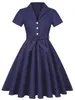 Vestidos de festa 2024 Navy Blue Summer Summer Vintage Rockabilly Dress 1950S Office Work A Line Swing Sundress Manga curta Rede de pin -up retro