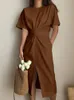 2024 Vonda Summer Midi Dress Women Pohemian Women Casual Sundress Sundress Femme Robe Solid Solid Eversize Vestidos 240321