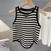 High waist short striped ice silk vest female knitted halter top small vest with irregular fashion hem.