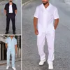 2024 Summer Leisure Men's Clothing Set Men Summer Loose Short Sleeved T-shirt Long Pants Men's Cotton and Hemp Set Men's