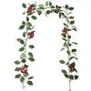 Flores decorativas de natal folhas artificiais guirlanda bagas vermelhas grinaldas ornamentos pendurados para lareiras domésticas escadas da porta da frente